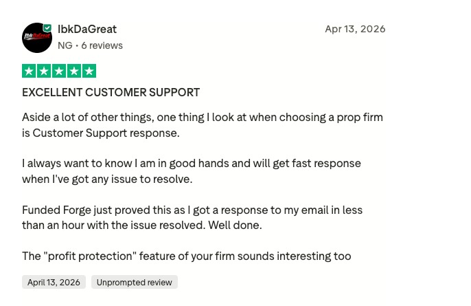 Trustpilot review 15 for FundedForge